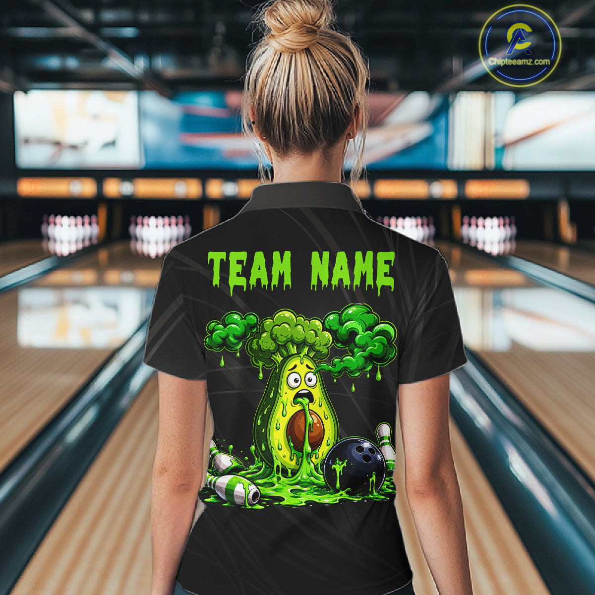 Female model wearing funny avocado bowling shirt custom bowling team jersey for tournament bowlers