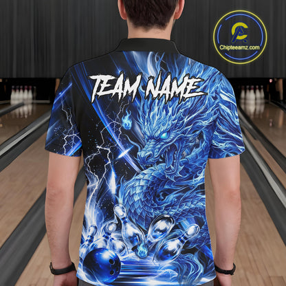 Male model wearing thunder lightning blue dragon bowling polo shirt custom bowling team jersey