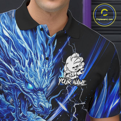 Male model wearing thunder lightning blue dragon bowling polo shirt custom bowling team jersey