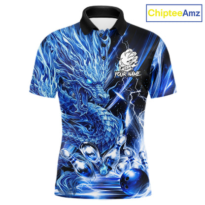 Men's thunder lightning blue dragon bowling polo shirt mockup custom bowling team jersey