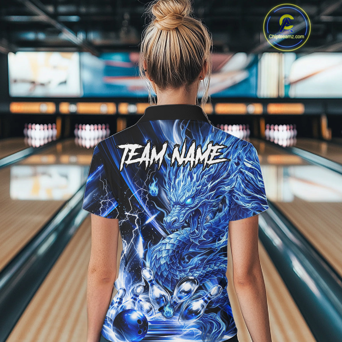 Female model wearing thunder lightning blue dragon bowling polo shirt custom bowling team jersey