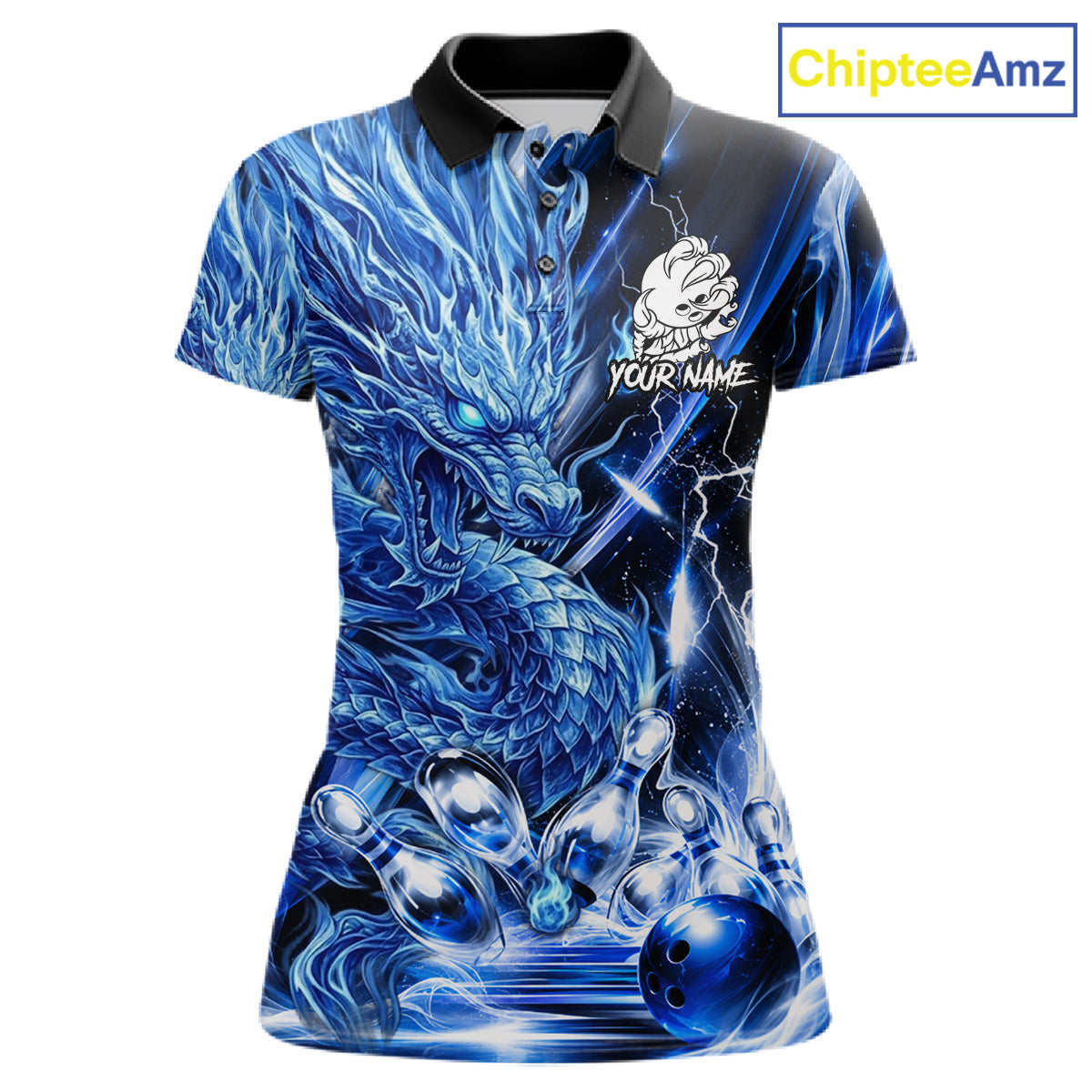 Women's thunder lightning blue dragon bowling polo shirt mockup custom bowling team jersey