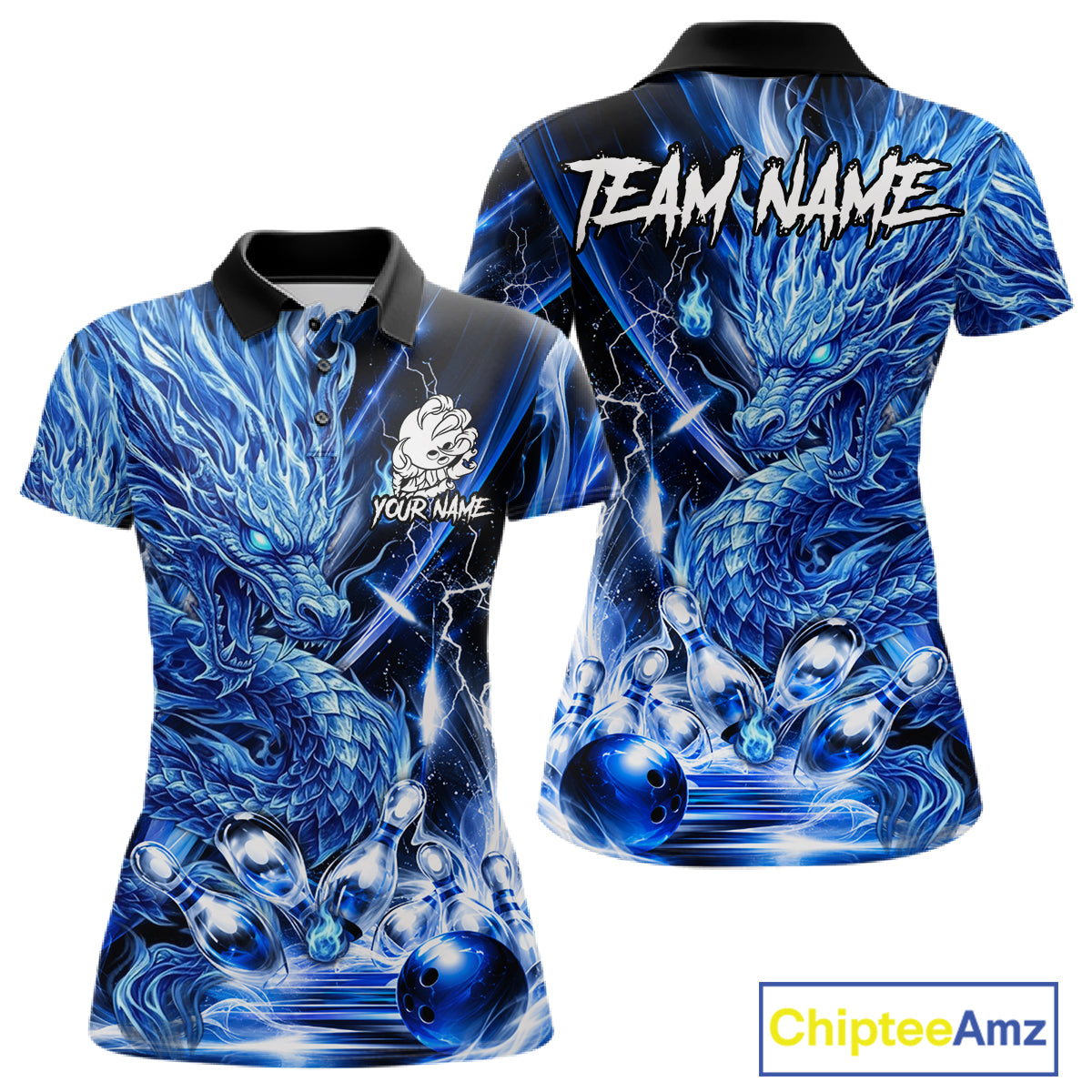 Women's thunder lightning blue dragon bowling polo shirt mockup custom bowling team jersey