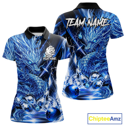 Women's thunder lightning blue dragon bowling polo shirt mockup custom bowling team jersey