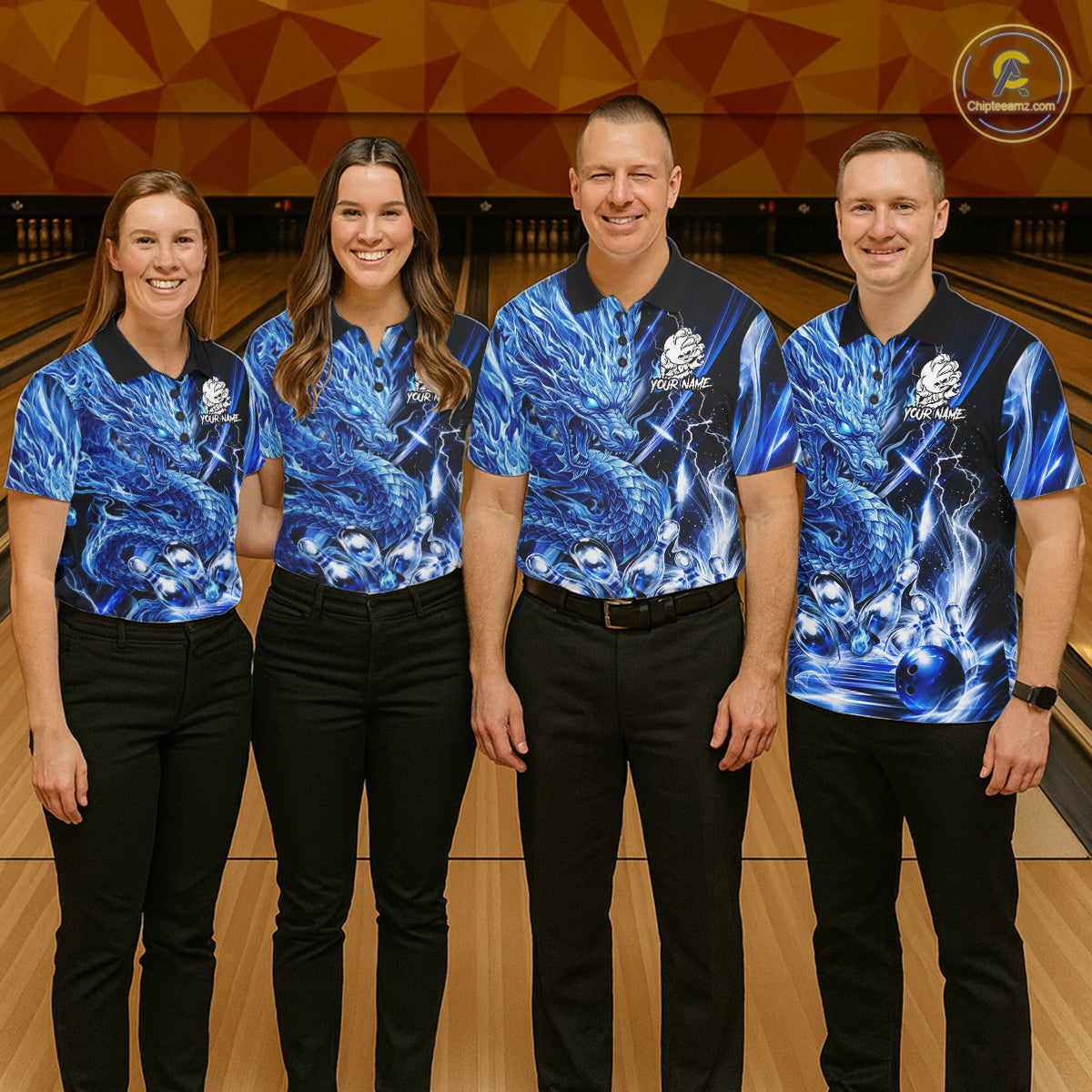 Bowling team wearing thunder lightning blue dragon bowling shirts custom bowling team jerseys for tournaments