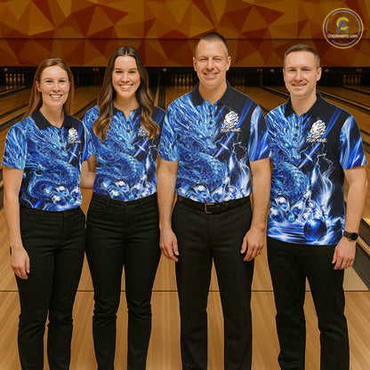 Bowling team wearing thunder lightning blue dragon bowling shirts custom bowling team jerseys for tournaments