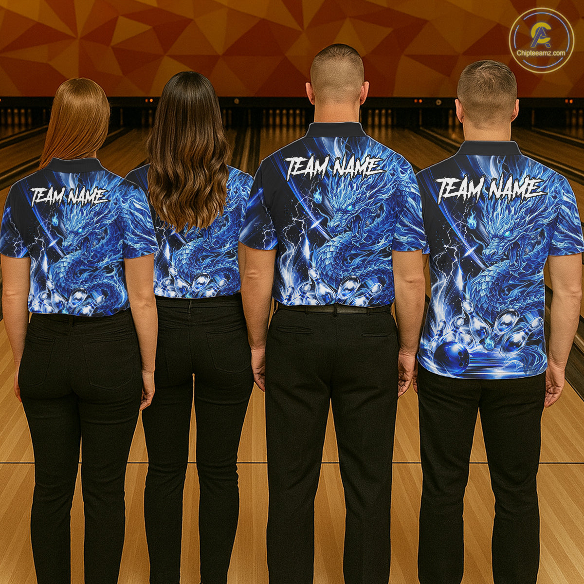 Bowling team wearing thunder lightning blue dragon bowling shirts custom bowling team jerseys for tournaments