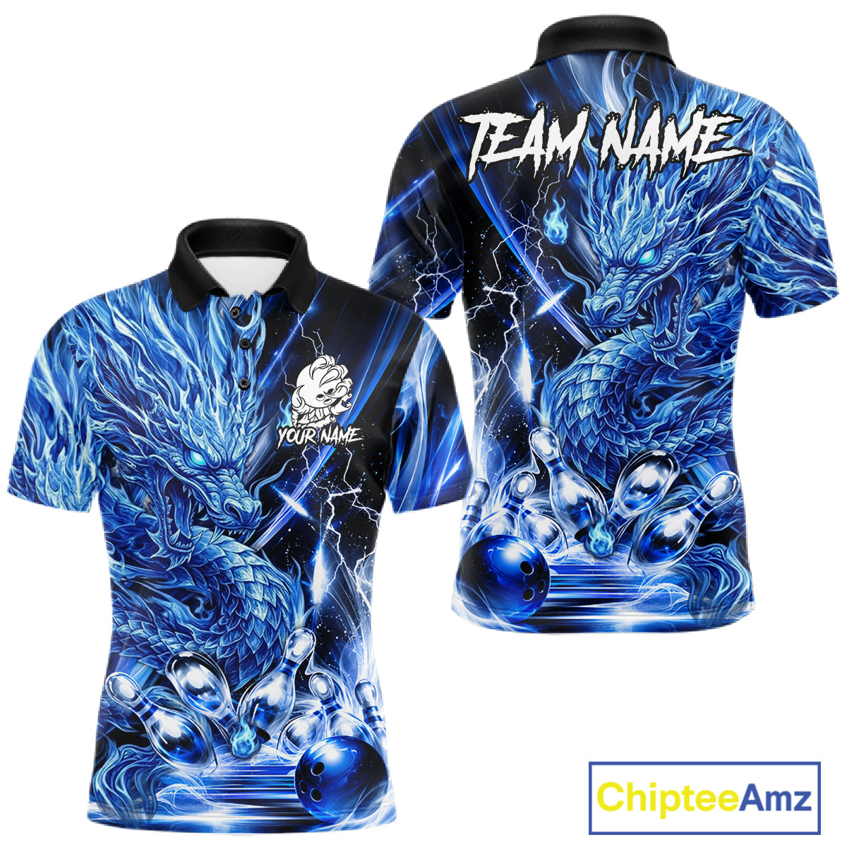 Men's thunder lightning blue dragon bowling polo shirt mockup custom bowling team jersey
