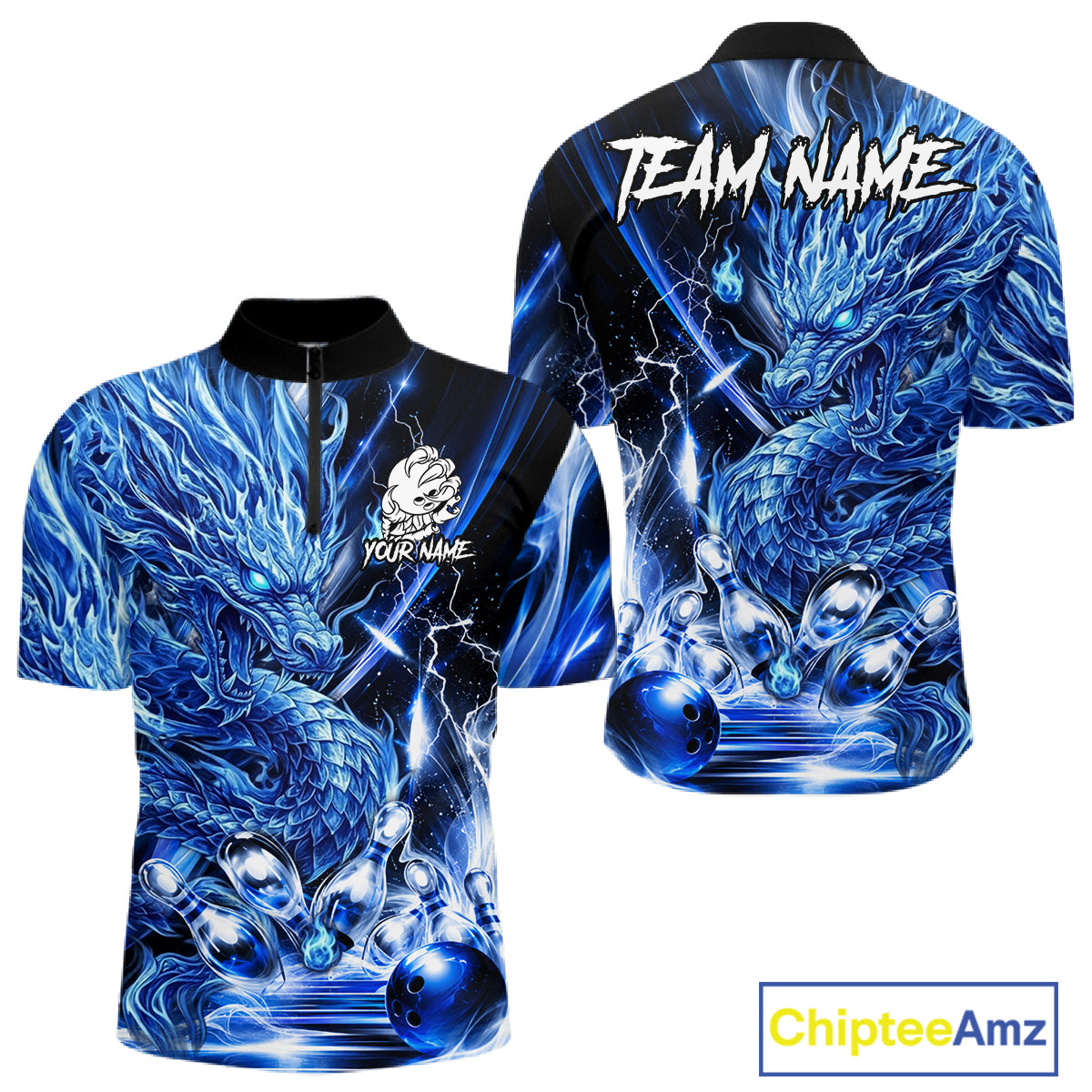 Men's thunder lightning blue dragon bowling quarter zip shirt mockup custom bowling team jersey