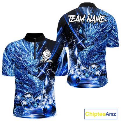 Men's thunder lightning blue dragon bowling quarter zip shirt mockup custom bowling team jersey