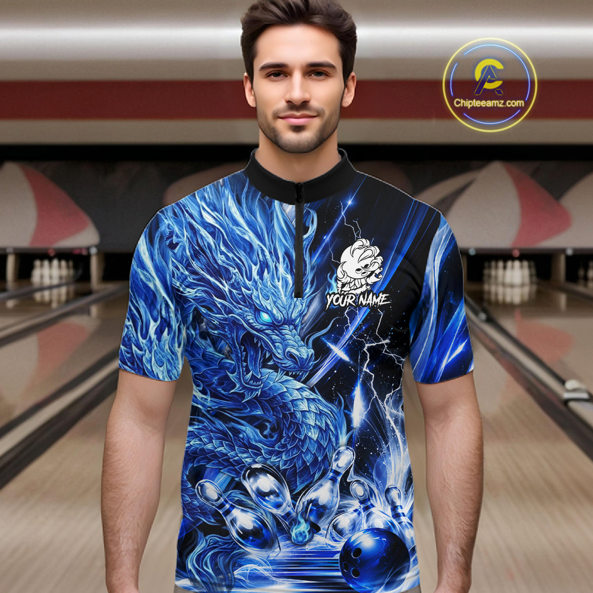 Male model wearing thunder lightning blue dragon bowling polo shirt custom bowling team jersey