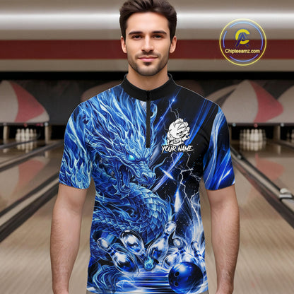 Male model wearing thunder lightning blue dragon bowling polo shirt custom bowling team jersey