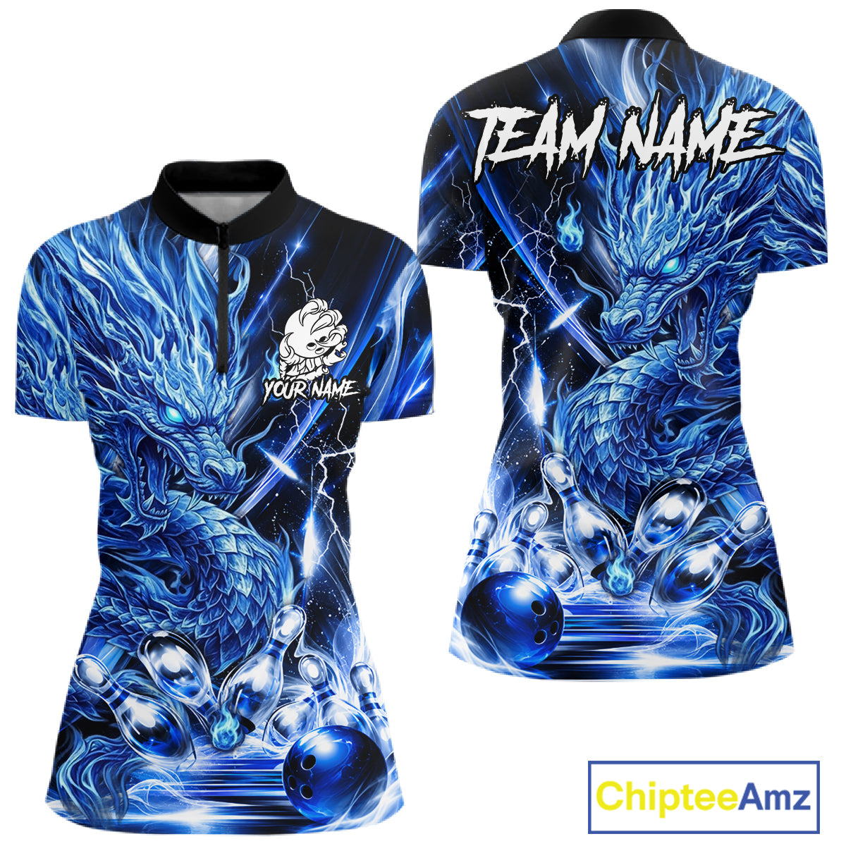 Women's thunder lightning blue dragon bowling quarter zip shirt mockup custom bowling team jersey