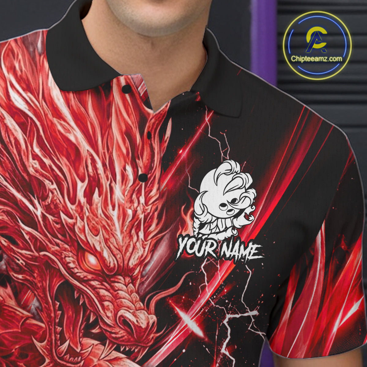 Male model wearing thunder lightning red dragon bowling polo shirt custom bowling team jersey