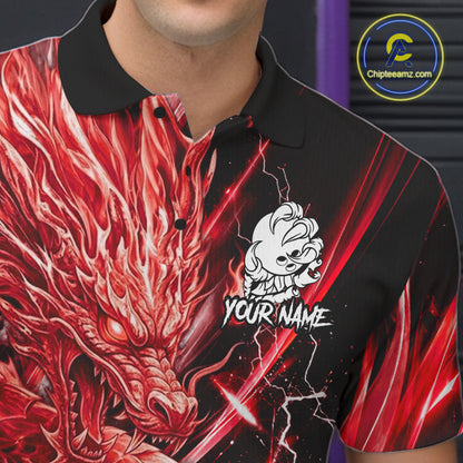 Male model wearing thunder lightning red dragon bowling polo shirt custom bowling team jersey