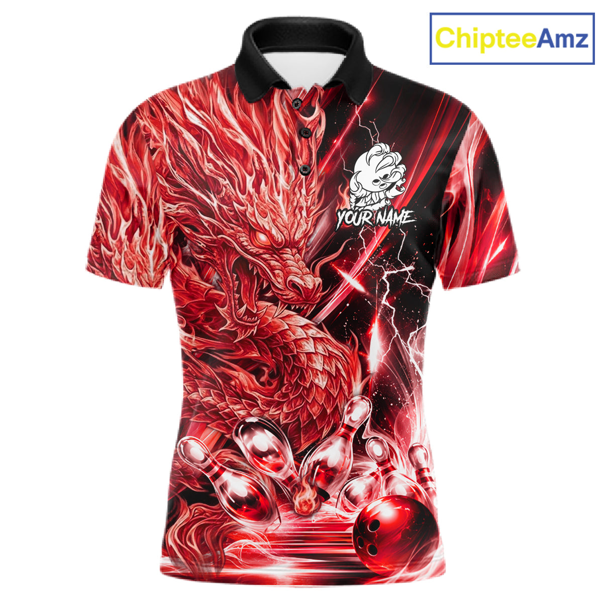 Men's thunder lightning red dragon bowling polo shirt mockup custom bowling team jersey