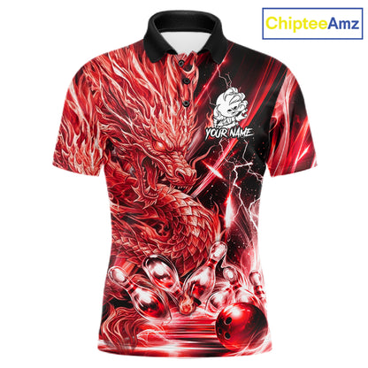 Men's thunder lightning red dragon bowling polo shirt mockup custom bowling team jersey