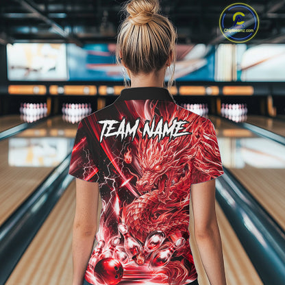 Female model wearing thunder lightning red dragon bowling polo shirt custom bowling team jersey