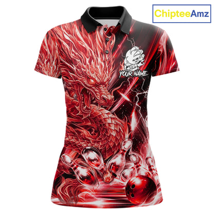 Women's thunder lightning red dragon bowling polo shirt mockup custom bowling team jersey