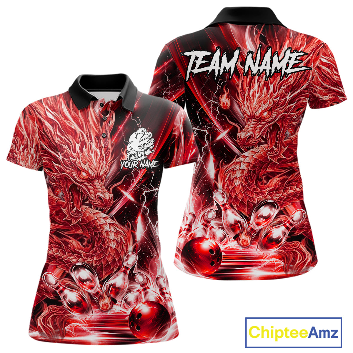 Women's thunder lightning red dragon bowling polo shirt mockup custom bowling team jersey