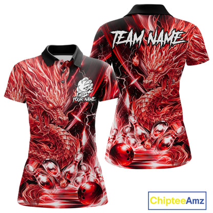 Women's thunder lightning red dragon bowling polo shirt mockup custom bowling team jersey