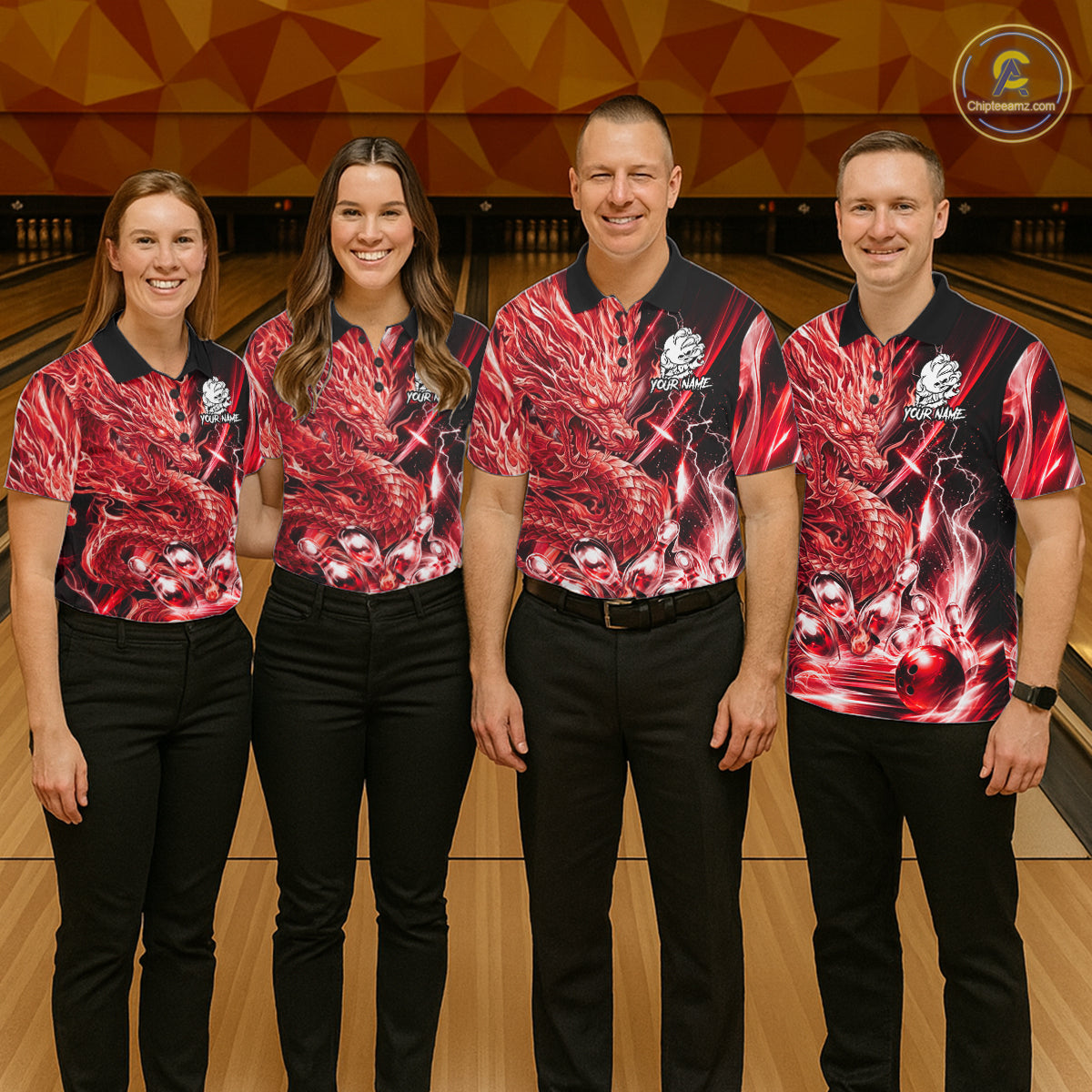 Bowling team wearing thunder lightning red dragon bowling shirts custom bowling team jerseys for tournaments