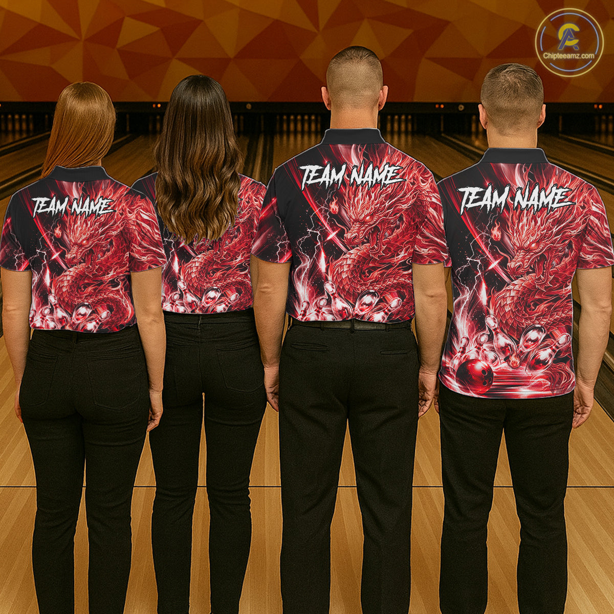 Bowling team wearing thunder lightning red dragon bowling shirts custom bowling team jerseys for tournaments