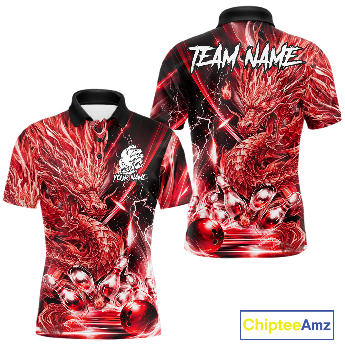Men's thunder lightning red dragon bowling polo shirt mockup custom bowling team jersey