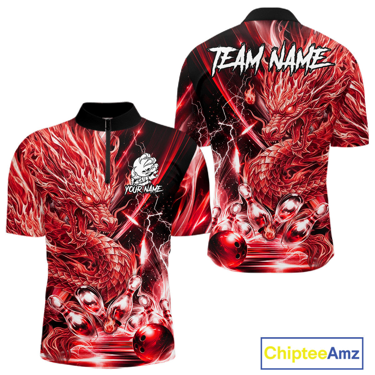 Men's thunder lightning red dragon bowling quarter zip shirt mockup custom bowling team jersey
