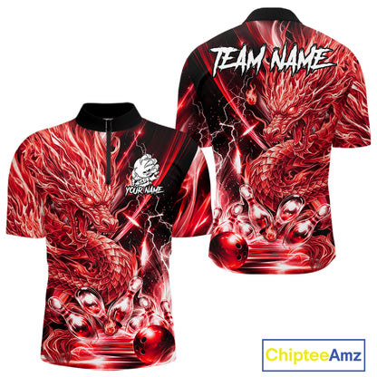 Men's thunder lightning red dragon bowling quarter zip shirt mockup custom bowling team jersey