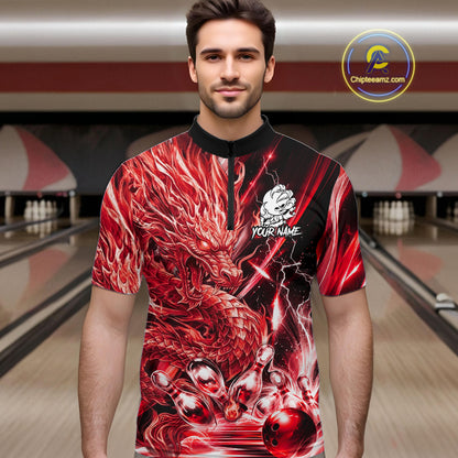 Male model wearing thunder lightning red dragon bowling polo shirt custom bowling team jersey