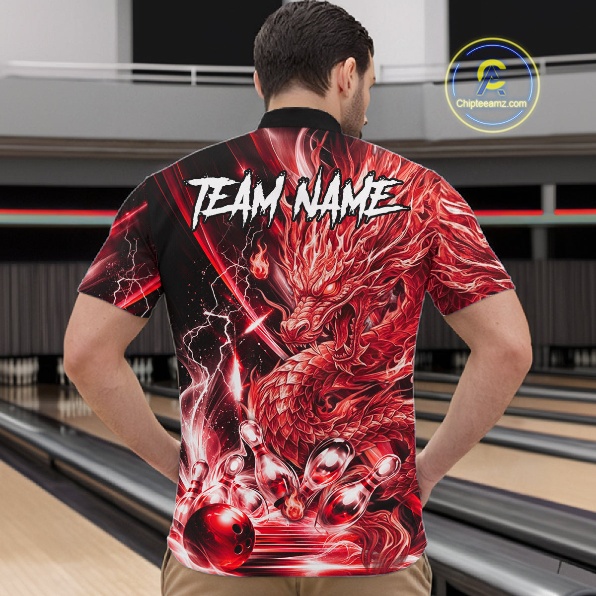 Male model wearing thunder lightning red dragon bowling polo shirt custom bowling team jersey