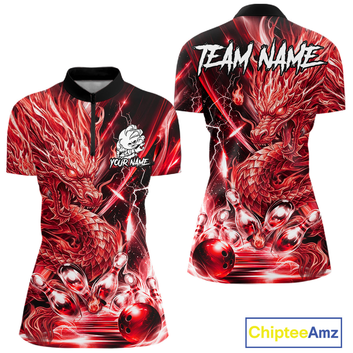 Women's thunder lightning red dragon bowling quarter zip shirt mockup custom bowling team jersey
