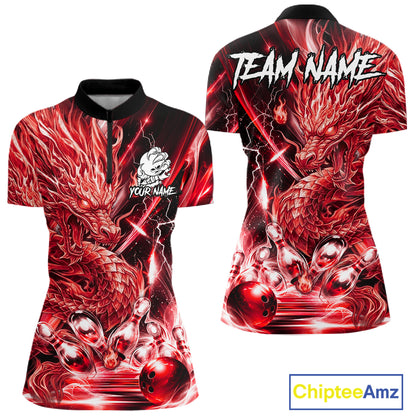 Women's thunder lightning red dragon bowling quarter zip shirt mockup custom bowling team jersey