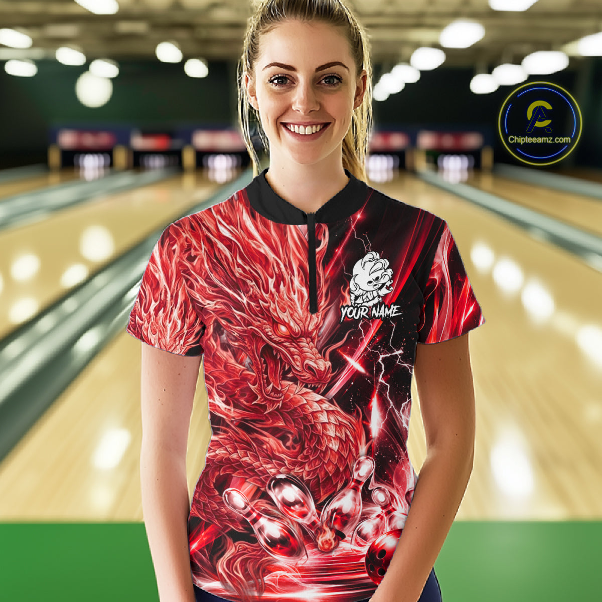 Female model wearing thunder lightning red dragon bowling polo shirt custom bowling team jersey