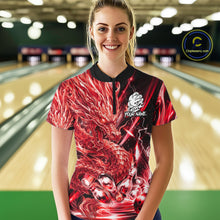 Load image into Gallery viewer, Female model wearing thunder lightning red dragon bowling polo shirt custom bowling team jersey