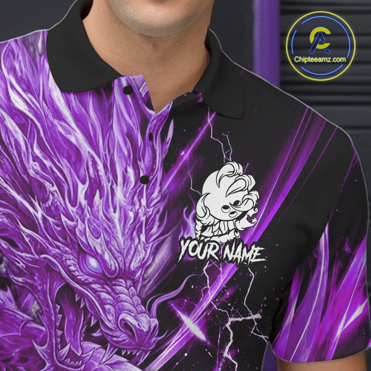 Male model wearing thunder lightning purple dragon bowling polo shirt custom bowling team jersey