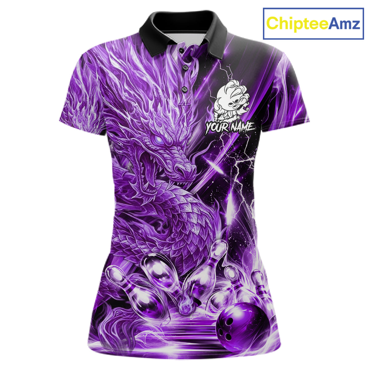 Women's thunder lightning purple dragon bowling polo shirt mockup custom bowling team jersey