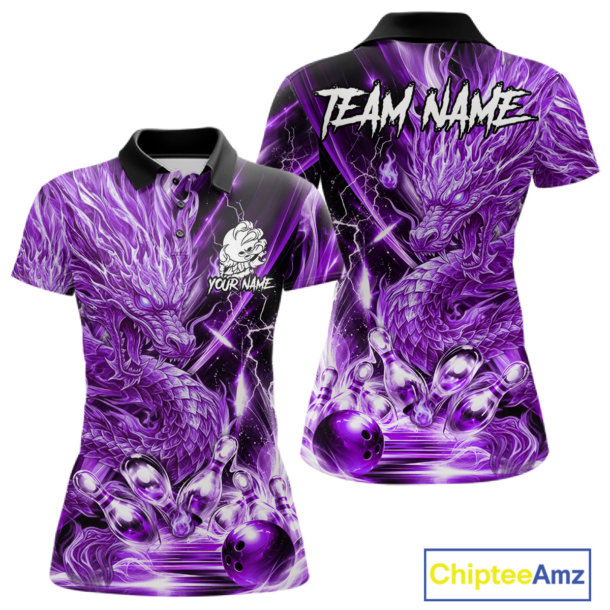 Women's thunder lightning purple dragon bowling polo shirt mockup custom bowling team jersey
