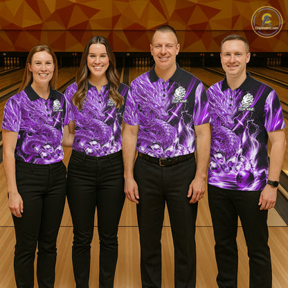 Bowling team wearing thunder lightning purple dragon bowling shirts custom bowling team jerseys for tournaments