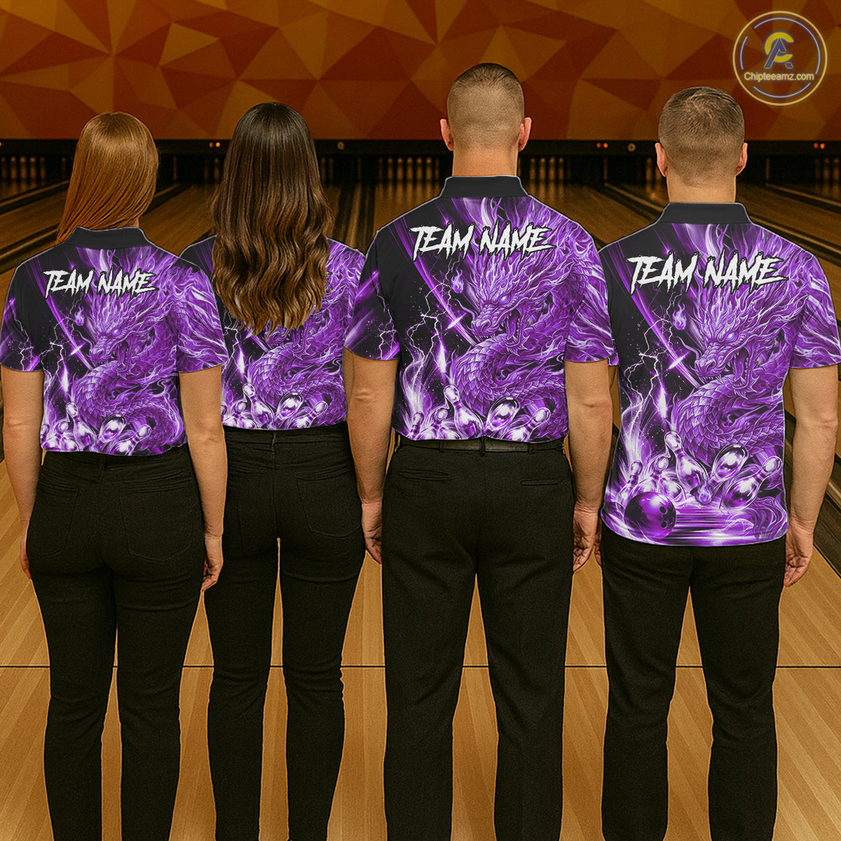 Bowling team wearing thunder lightning purple dragon bowling shirts custom bowling team jerseys for tournaments