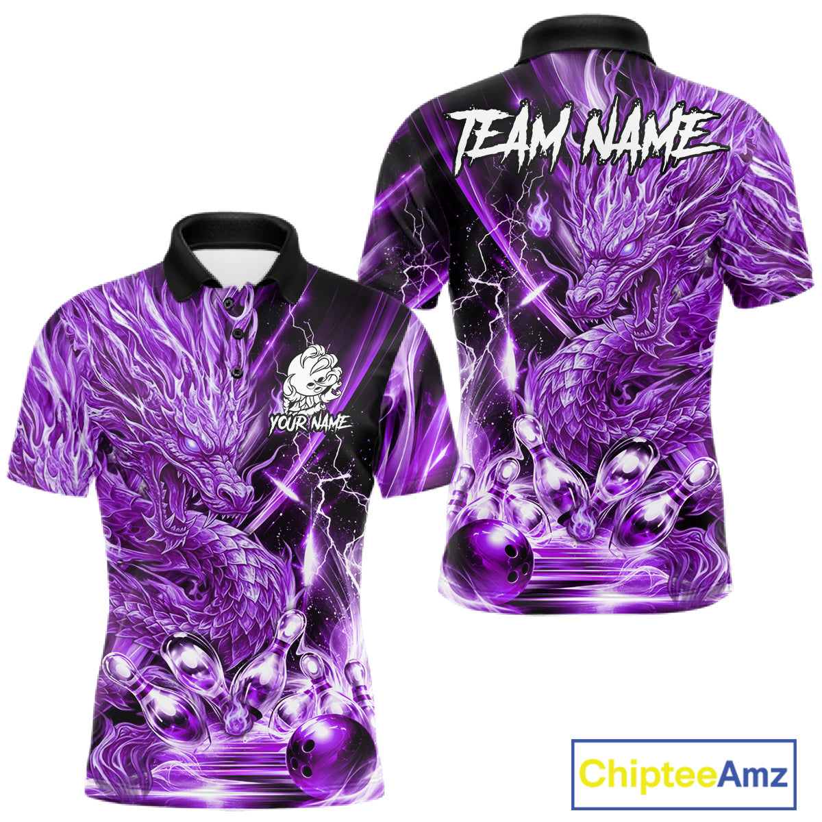 Men's thunder lightning purple dragon bowling polo shirt mockup custom bowling team jersey