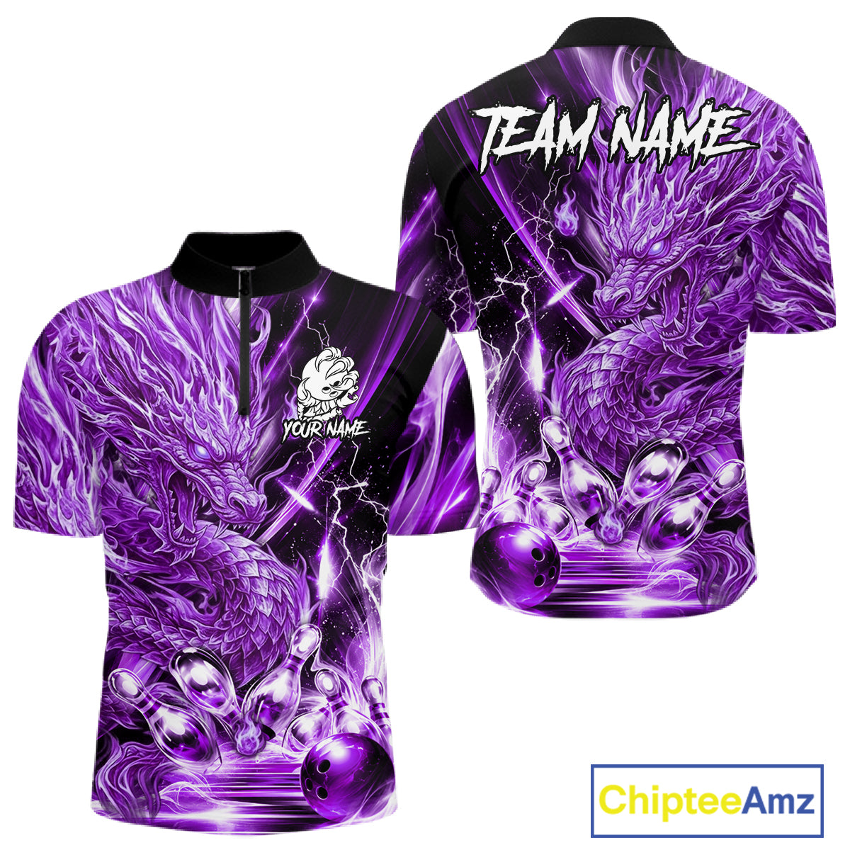 Men's thunder lightning purple dragon bowling quarter zip shirt mockup custom bowling team jersey