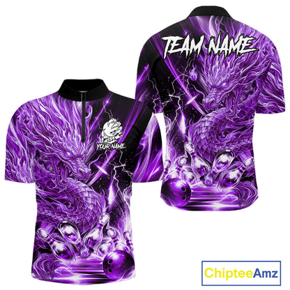 Men's thunder lightning purple dragon bowling quarter zip shirt mockup custom bowling team jersey