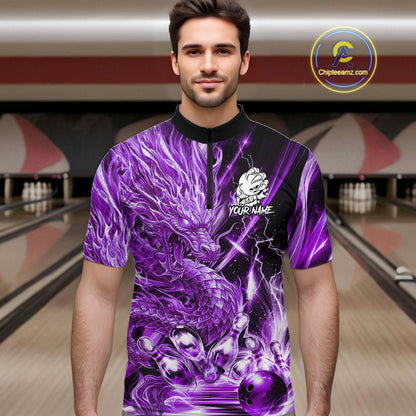 Male model wearing thunder lightning purple dragon bowling polo shirt custom bowling team jersey