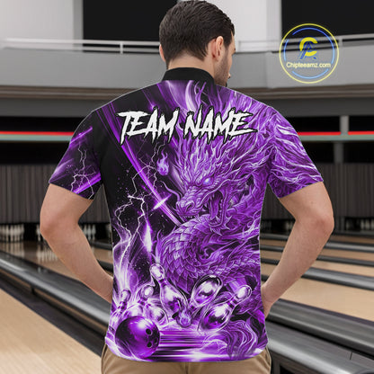 Male model wearing thunder lightning purple dragon bowling polo shirt custom bowling team jersey