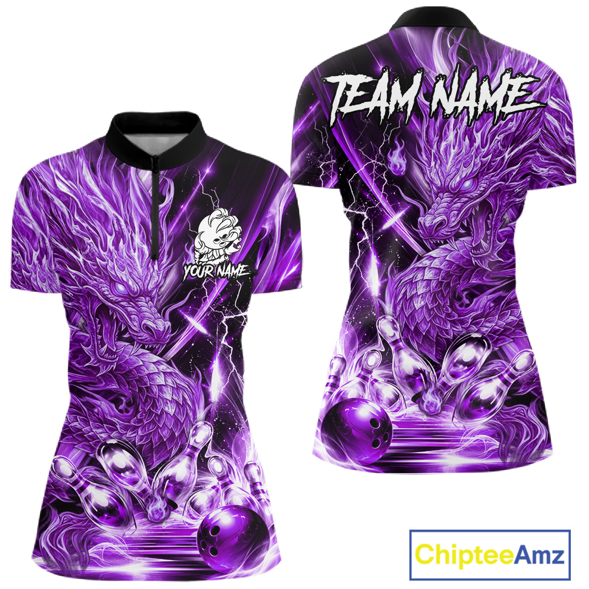Women's thunder lightning purple dragon bowling quarter zip shirt mockup custom bowling team jersey