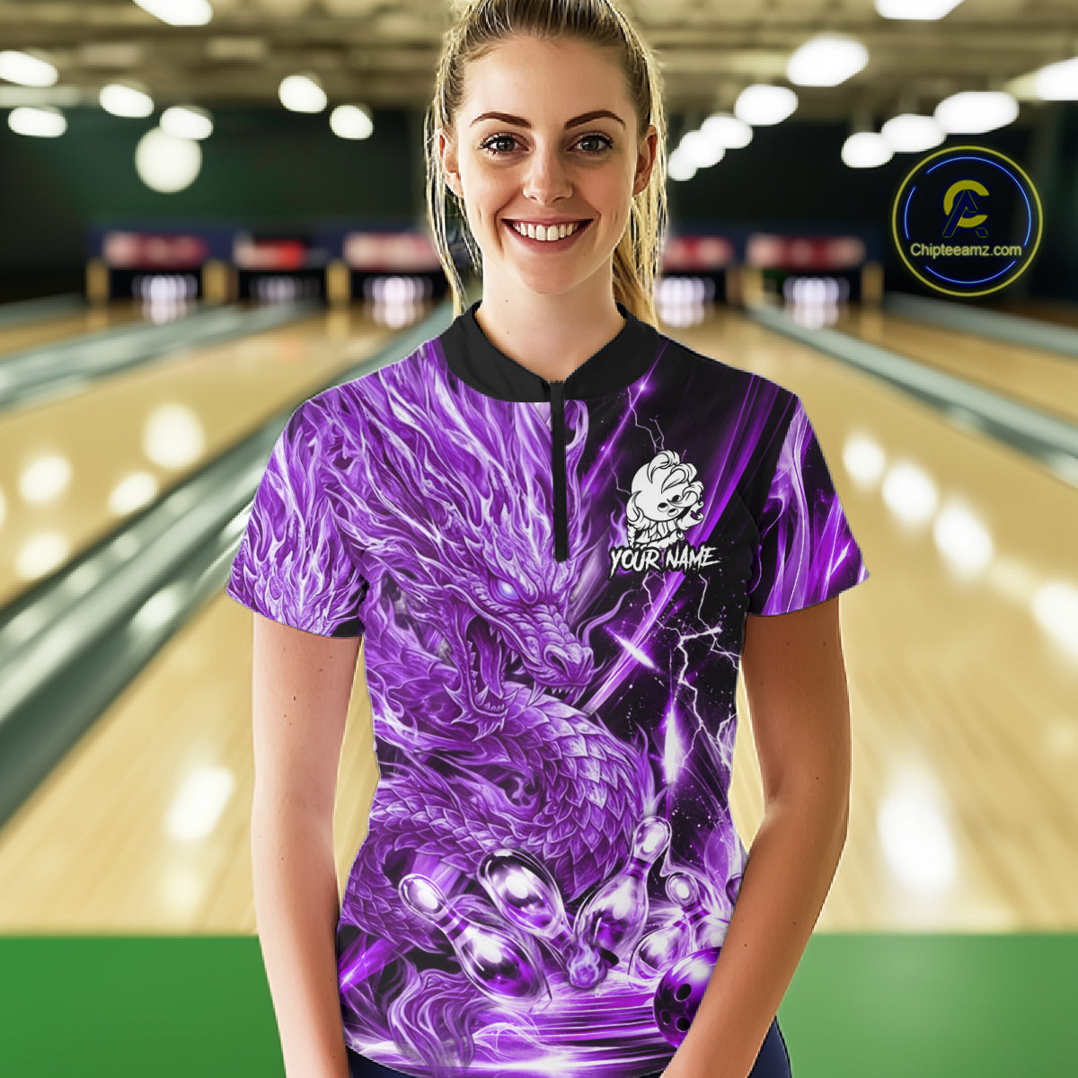 Female model wearing thunder lightning purple dragon bowling polo shirt custom bowling team jersey