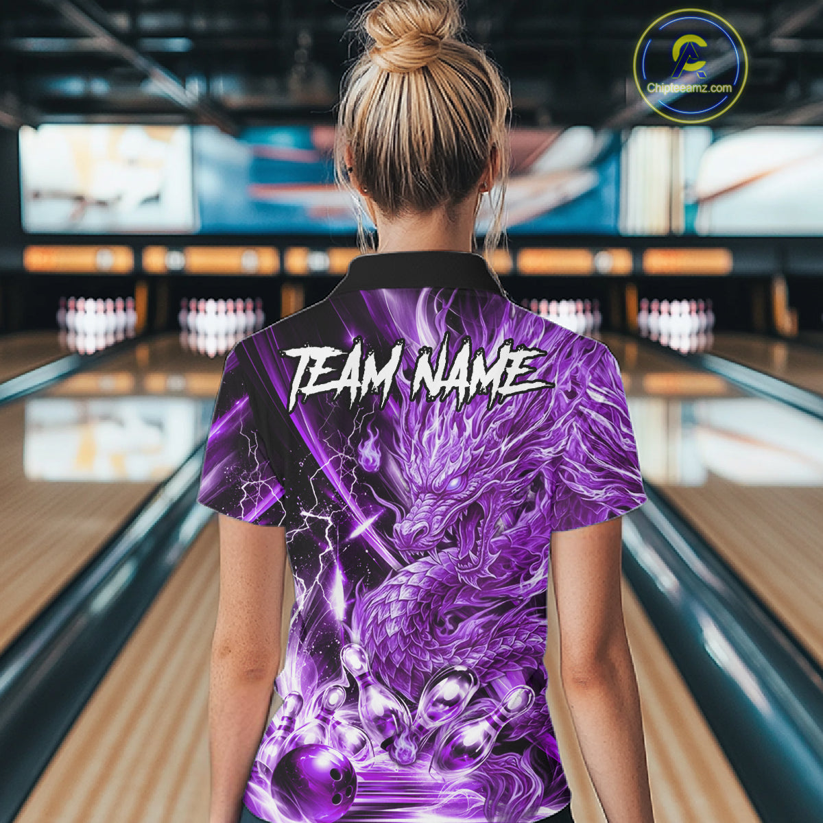 Female model wearing thunder lightning purple dragon bowling polo shirt custom bowling team jersey