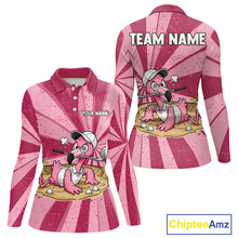 Load image into Gallery viewer, Women's golf polo mockup featuring vibrant grunge pink flamingo artwork, personalized golf tournament shirt for ladies golf leagues, country clubs, vacation golf apparel and tropical fashion enthusiasts. Themes of grace, harmony and confidence.